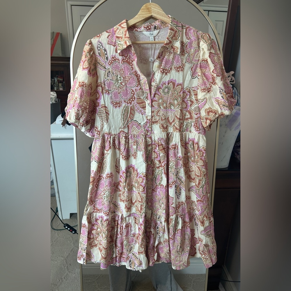 Ripe Pink and Cream Floral Long Sleeve Dress